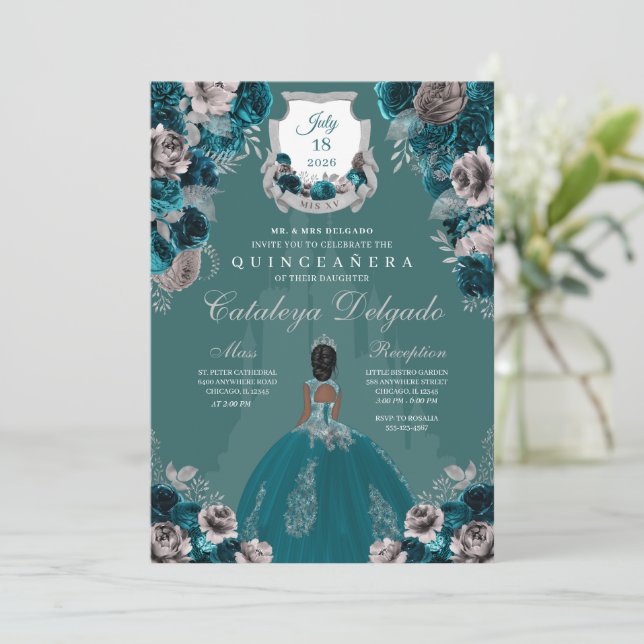 Teal & Silver Princess Castle Quinceañera Invitation (Standing Front)