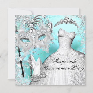 Teal & Silver Princess Quinceanera Masquerade Invitation