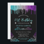Teal Silver & Purple Glitter 21st Birthday Invitation<br><div class="desc">Celebrate in style with this dazzling design featuring a teal-to-purple gradient background topped with dripping glitter and gem-like accents. Ornamental flourishes and elegant typography add sophistication,  while the shimmering textures evoke a glamorous,  upscale vibe—perfect for milestone birthday themes,  party décor,  and celebration bundles with a modern edge.</div>
