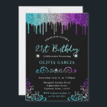 Teal Silver & Purple Glitter 21st Birthday Invitation<br><div class="desc">Celebrate in style with this dazzling design featuring a teal-to-purple gradient background topped with dripping glitter and gem-like accents. Ornamental flourishes and elegant typography add sophistication,  while the shimmering textures evoke a glamorous,  upscale vibe—perfect for milestone birthday themes,  party décor,  and celebration bundles with a modern edge.</div>