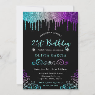 Teal Silver & Purple Glitter 21st Birthday Invitation