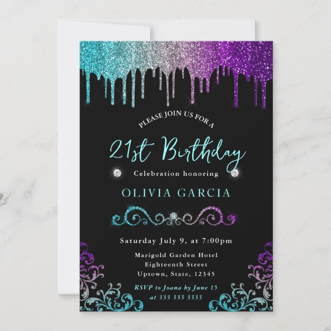 Teal Silver & Purple Glitter 21st Birthday Invitation (Front)
