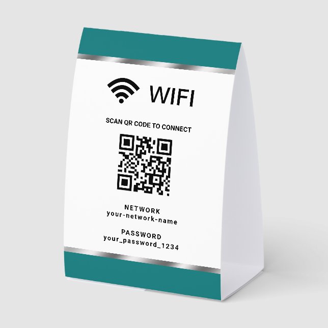 Teal Silver QR Code Wifi Network and Password Paper Table Tent (Front)