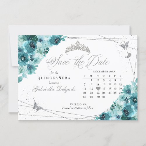 Teal  Silver Quinceaera Save The Date Invitation
