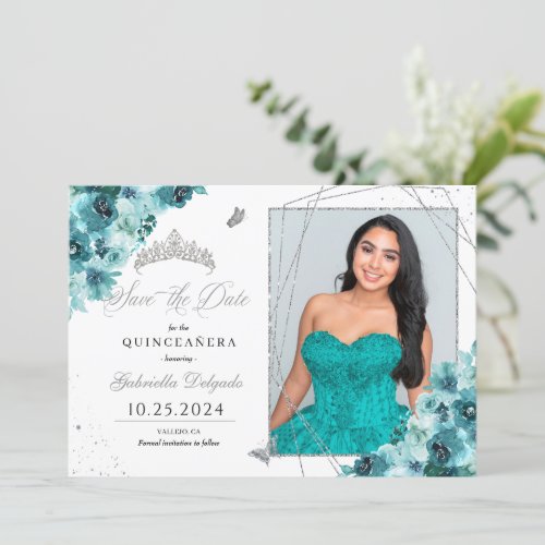 Teal  Silver Quinceaera Save The Date Photo Invitation
