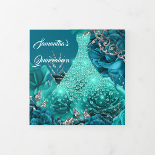 Teal silver rose womans PHOTO floral birthday Tri-Fold Invitation