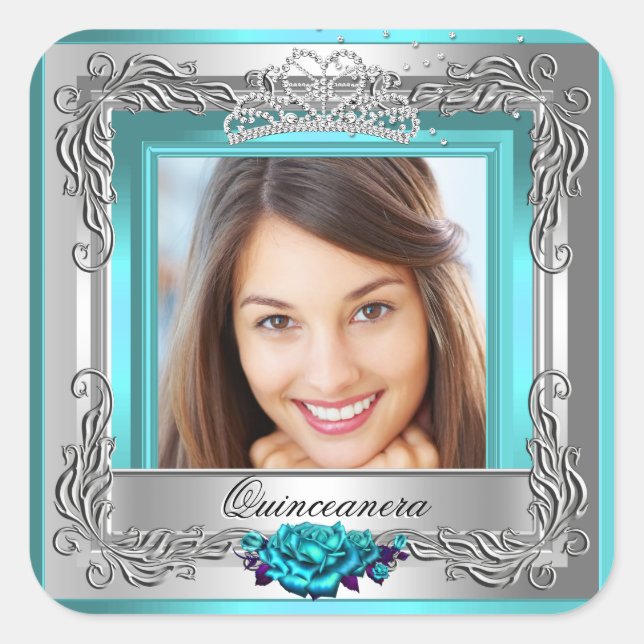 Teal Silver Roses Quinceanera 15th Birthday Square Sticker (Front)