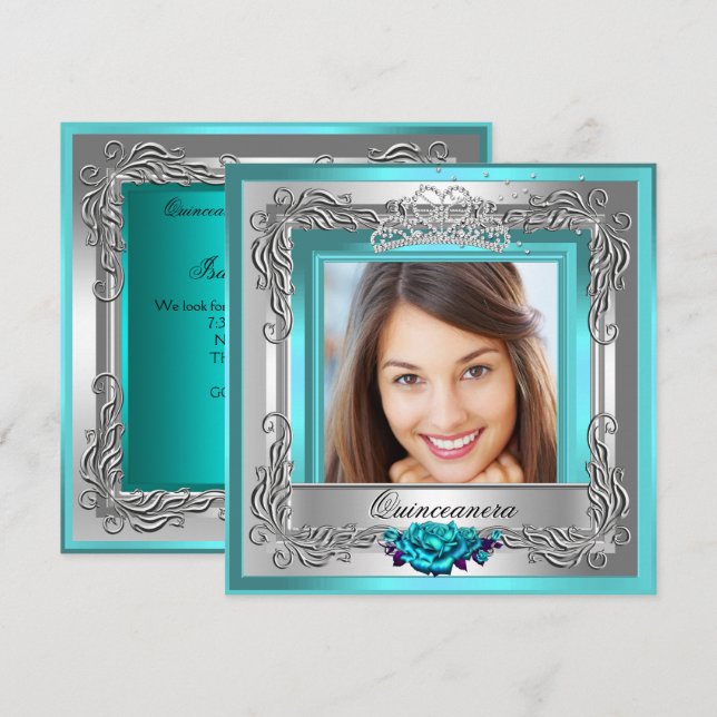 Teal Silver Roses Quinceanera 15th Photo Invitation (Front/Back)