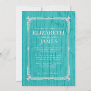 Teal & Silver Rustic Barn Wood Wedding Invitations