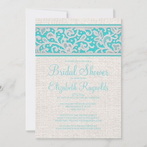 Teal Silver Rustic Burlap Bridal Shower Invitation