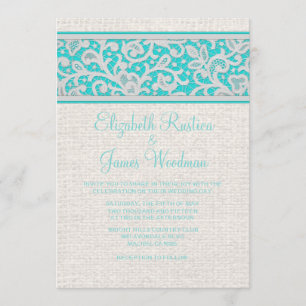 Teal Silver Rustic Burlap Lace Wedding Invitations