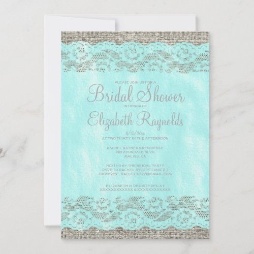 Teal Silver Rustic Lace Bridal Shower Invitations
