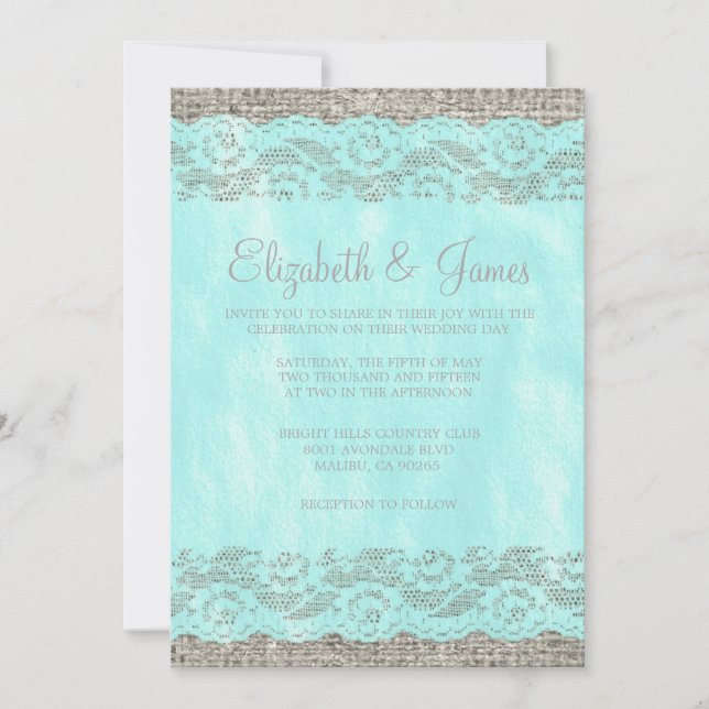 Teal & Silver Rustic Lace Wedding Invitations (Front)