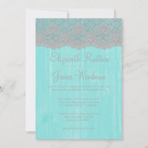 Teal & Silver Rustic Lace Wood Wedding Invitations