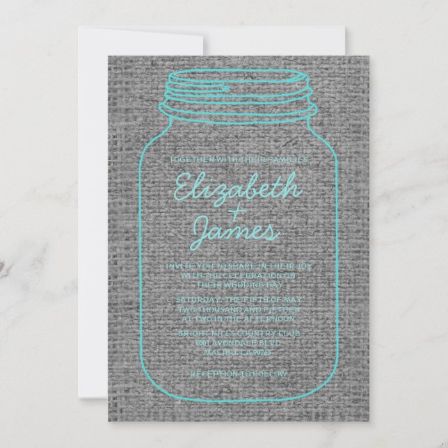 Teal Silver Rustic Mason Jar Wedding Invitations (Front)