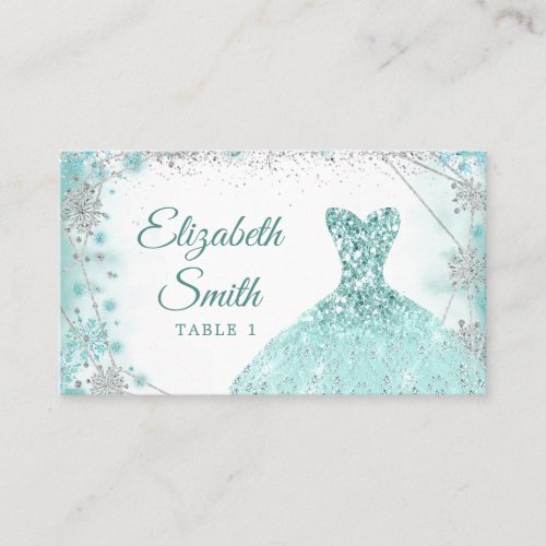 Teal Silver Snowflake Christmas Quinceaera Place Card