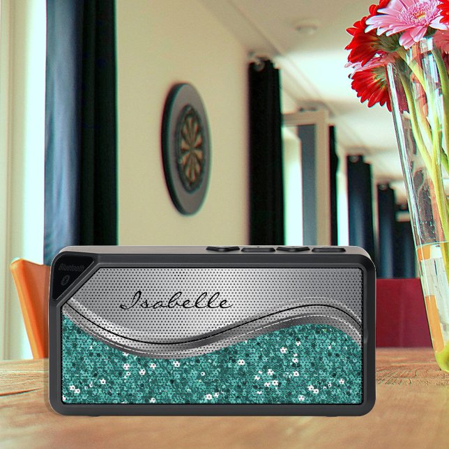 Teal Silver Sparkle Glam Bling Personalized Metal Bluetooth Speaker (Creator Uploaded)
