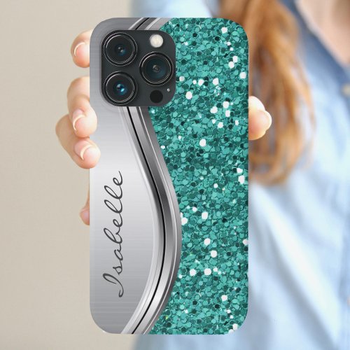 Teal Silver Sparkle Glam Bling Personalized Metal Case_Mate iPhone 14 Case