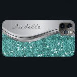 Teal Silver Sparkle Glam Bling Personalized Metal iPhone 11 Pro Max Case<br><div class="desc">The design is a photo and the cases are not made with actual glitter, sequins, metals or woods. This design is also available on other phone models. Choose Device Type to see other iPhone, Samsung Galaxy or Google cases. Some styles may be changed by selecting Style if that is an...</div>