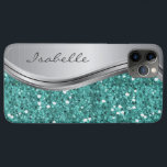 Teal Silver Sparkle Glam Bling Personalized Metal iPhone 11 Pro Max Case<br><div class="desc">The design is a photo and the cases are not made with actual glitter, sequins, metals or woods. This design is also available on other phone models. Choose Device Type to see other iPhone, Samsung Galaxy or Google cases. Some styles may be changed by selecting Style if that is an...</div>