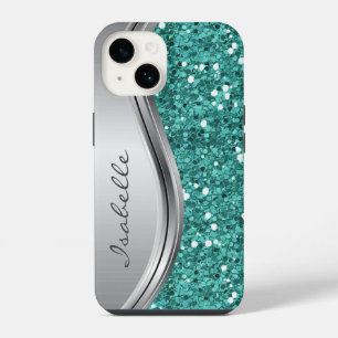 Teal Silver Sparkle Glam Bling Personalized Metal iPhone 14 Case