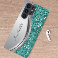Teal Silver Sparkle Glam Bling Personalized Metal