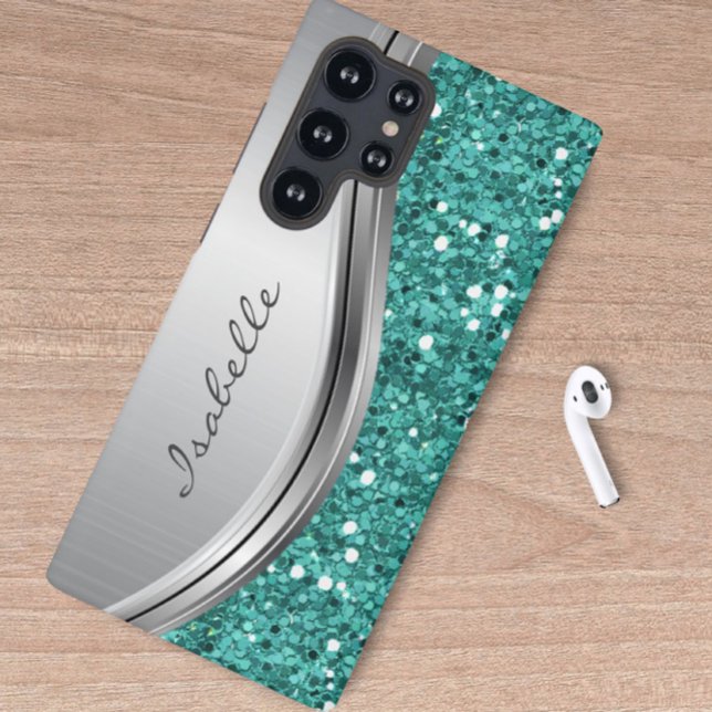 Teal Silver Sparkle Glam Bling Personalized Metal  Samsung Galaxy Case (Creator Uploaded)