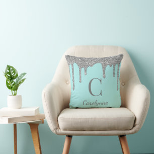 Teal Silver Sparkle Glitter Drips Monogram Throw Pillow