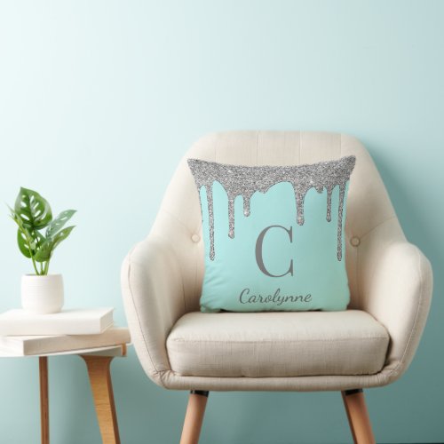 Teal Silver Sparkle Glitter Drips Monogram Throw Pillow