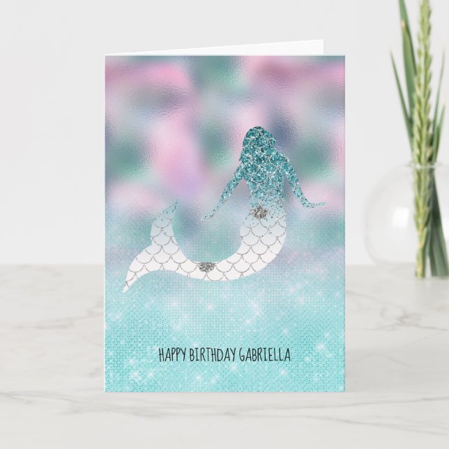 Teal Silver Sparkle Glitter Mermaid Card (Front)