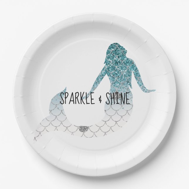 Teal Silver Sparkle Glitter Mermaid Paper Plates (Front)