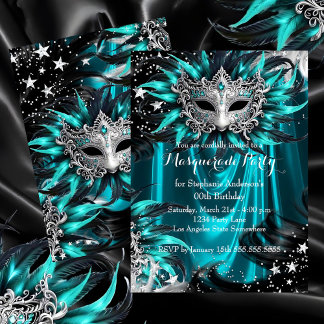 Teal Silver Sparkle Magical Night Masquerade Party Invitation