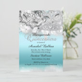 Teal Silver Sparkle Masquerade Quinceanera Invite (Standing Front)