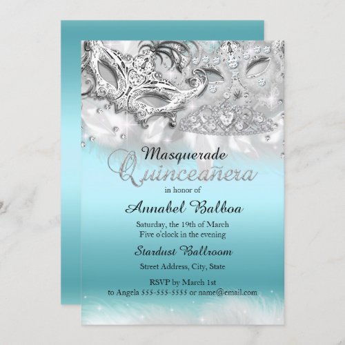 Teal Silver Sparkle Masquerade Quinceanera Invite