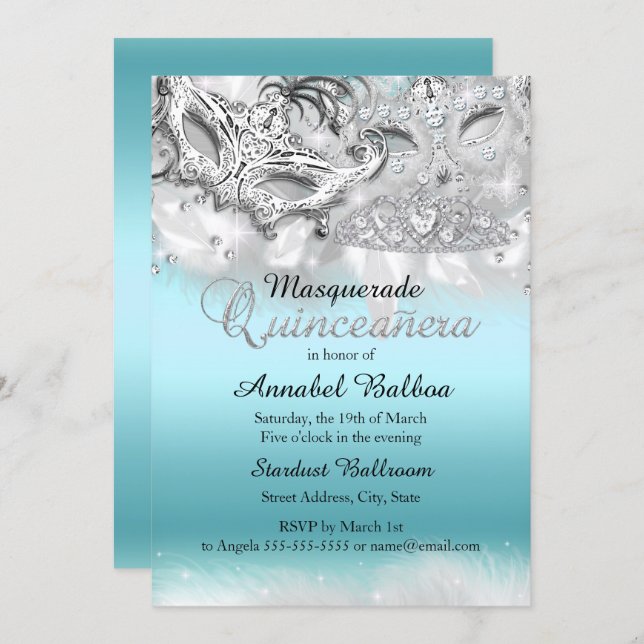 Teal Silver Sparkle Masquerade Quinceanera Invite (Front/Back)