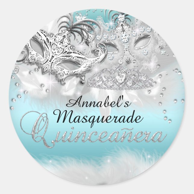 Teal Silver Sparkle Masquerade Quinceanera Sticker (Front)