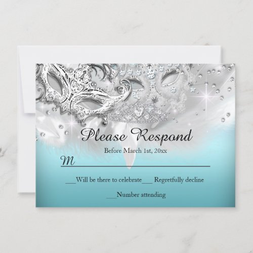Teal  Silver Sparkle Masquerade RSVP Reply