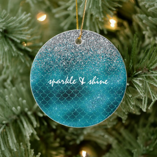 Teal Silver Sparkle Mermaid personalized Ceramic Ornament (Tree)