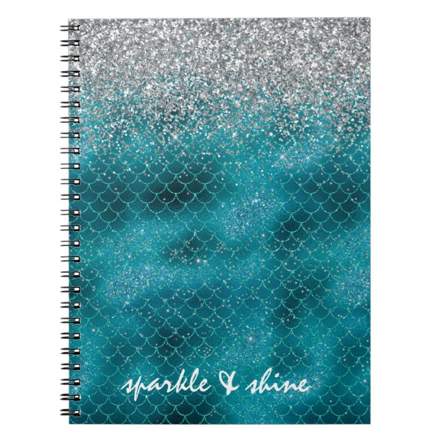 Teal Silver Sparkle Mermaid personalized Notebook (Front)