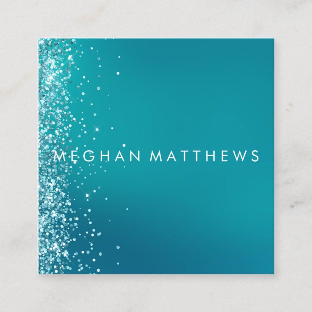 Teal Silver Sparkle Splashes Beauty Stylist  Square Business Card (Front)