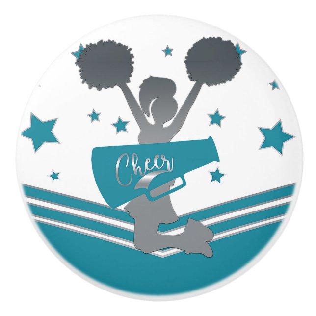 Teal & Silver Stars Cheer Cheer-leading Girls Ceramic Knob (Front)