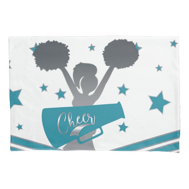 Teal & Silver Stars Cheer Cheer-leading Girls Pillowcase (Front)