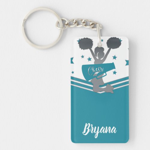 Teal Silver Stars Cheer_leading Personalized Keychain