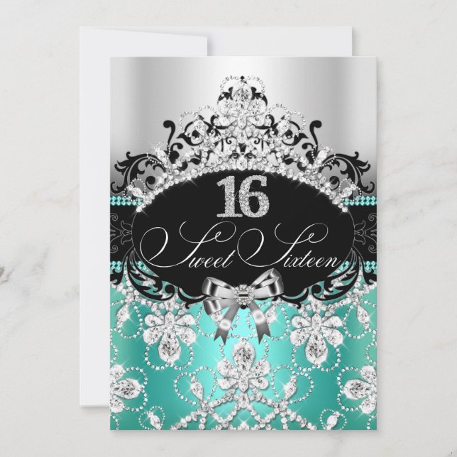 Teal Silver Sweet 16 Sparkle Tiara Birthday Invite (Front)