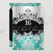 Teal Silver Sweet 16 Sparkle Tiara Birthday Invite (Front/Back)