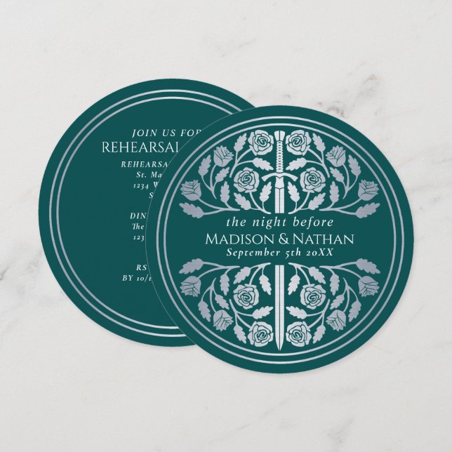 Teal Silver Sword Royal Wedding Rehearsal Invitation (Front/Back)