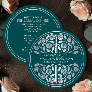 Teal Silver Sword Royal Wedding Rehearsal Invitation