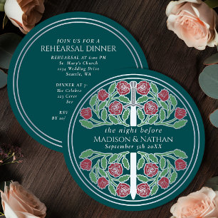 Teal Silver Sword Royal Wedding Rehearsal  Invitation