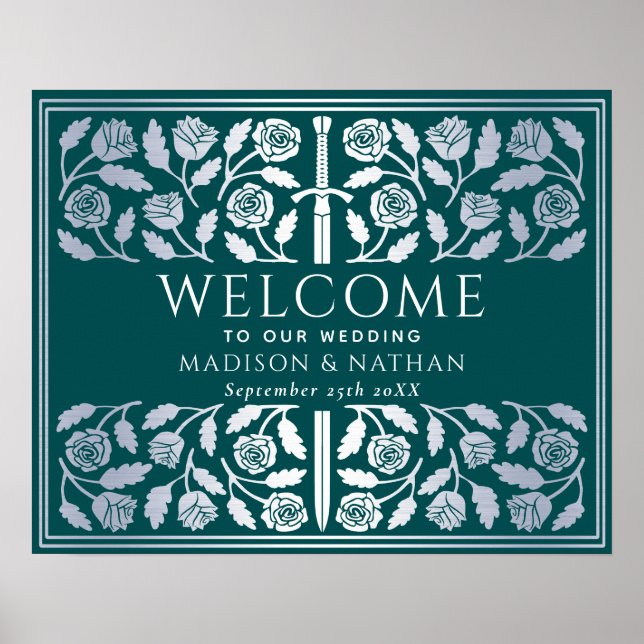 Teal Silver Sword Royal Wedding Welcome Sign (Front)