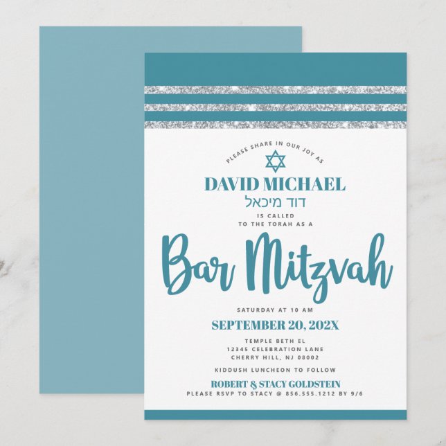 Teal Silver Tallit Bar Mitzvah Bold Simple Modern Invitation (Front/Back)